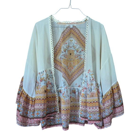 Taylor & Sage Tops - Taylor & Sage Polyester Sheer Ruffled Cardigan Blouse Floral Bohemian Pastel L